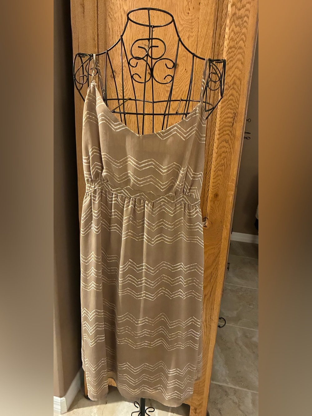 Old Navy Taupe and White Striped Spaghetti-Strap Sundress
